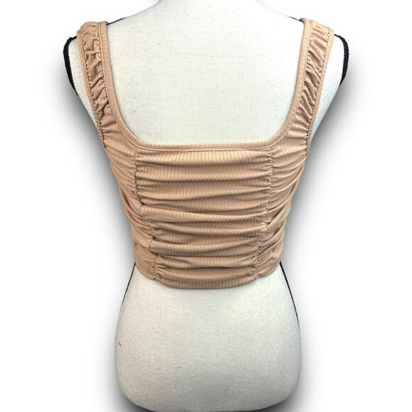 Womens Corset Look Ribbed Ruched Cropped Tank Top Stretch Tan Beige Size Small - Picture 4 of 6